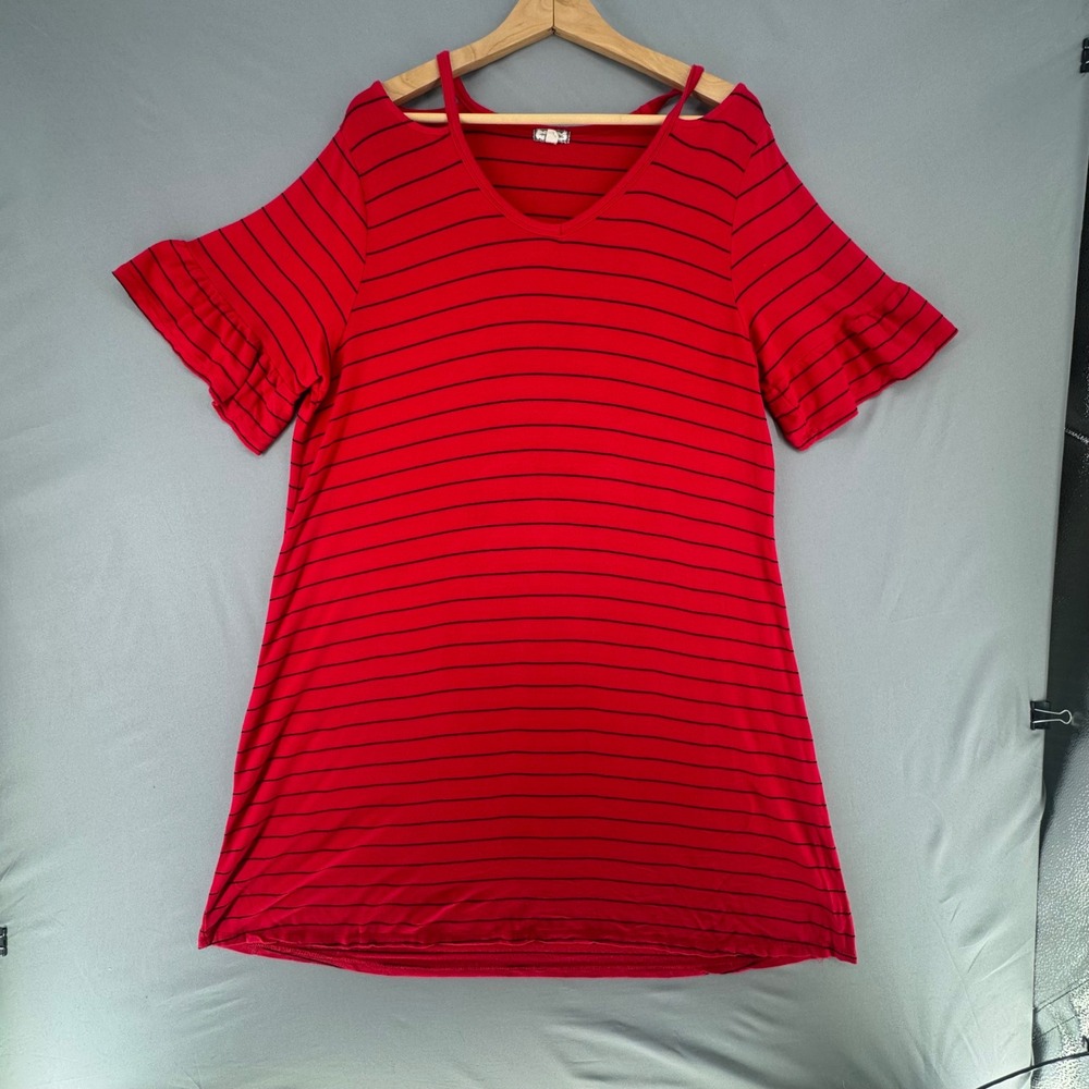 Eyeshadow Womens XL Red Black Striped Cold Shoulder Ruffle Sleeve Dress J70888CC